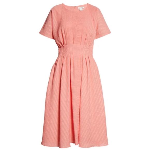 CLUB MONACO Seersucker Fit & Flare Dress Knee Length Tea Rose Pink Women's 2 - Picture 3 of 15